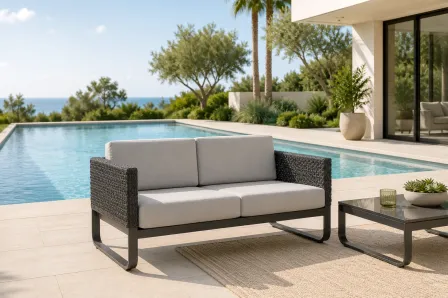 Sofá de jardim Star em vime sintético cinzento com almofadas claras junto à piscina