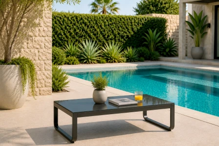 Mesa de centro Star preta junto à piscina com vaso, livro e copo de sumo