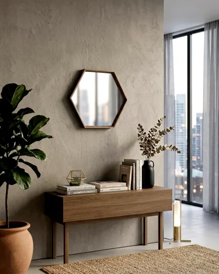 Espelho hexagonal com moldura em madeira sobre aparador moderno e decoração minimalista