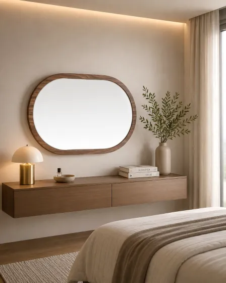 Espelho oval com moldura de madeira refletindo janela e vegetação exterior