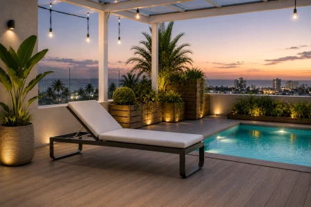 Espreguiçadeira Star branca junto à piscina num terraço ao pôr do sol