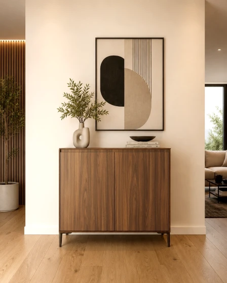 Sapateira Márcia em madeira com vaso decorativo e quadro geométrico