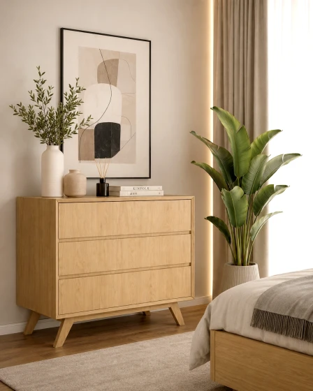 Cómoda Lima de madeira clara com três gavetas, vaso decorativo e planta