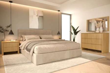 Quarto de casal dual new com cama estofada bege, candeeiro pendente e cómoda de madeira.