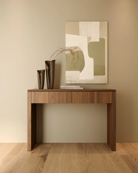 Consola Dual New em madeira com vasos decorativos e quadro abstrato