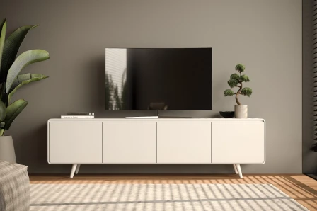 Móvel TV Tivoli com pés brancos, televisão de ecrã plano e planta decorativa