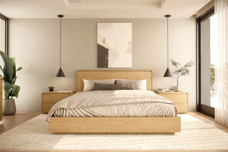 Cama de casal Tivoli em madeira clara, cabeceira recta e roupa de cama neutra