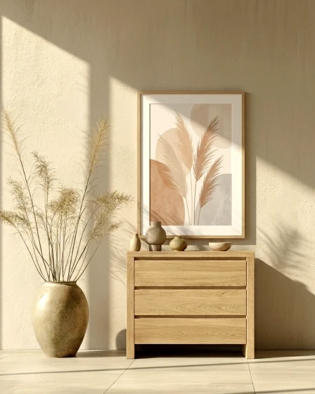 Cómoda Valte em madeira clara com três gavetas, quadro com folhagem e vasos decorativos