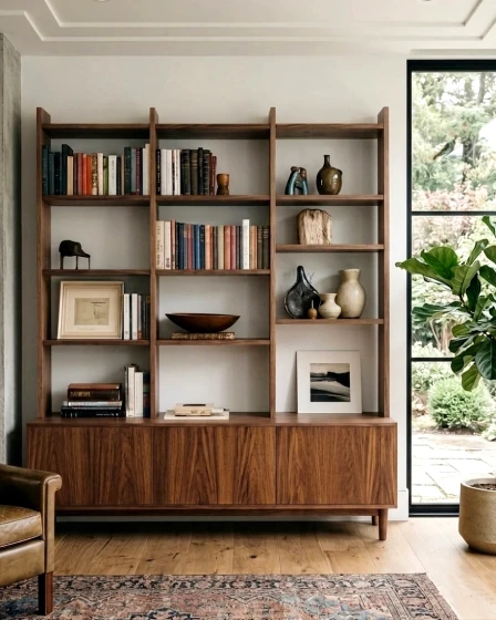 Estante livreiro Odense em madeira com prateleiras e armário baixo, livros e objetos decorativos