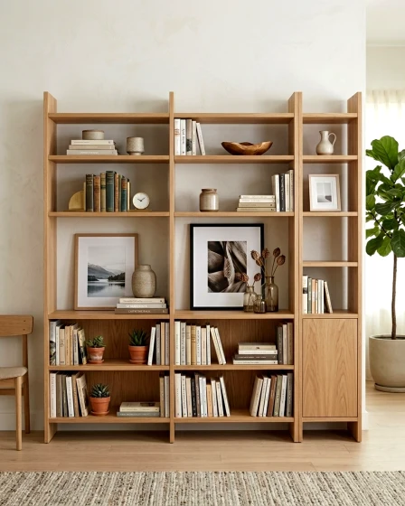Estantes Livreiro Miraldo em madeira clara com livros, plantas e objetos decorativos