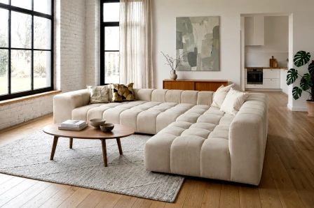Sofá chaise longue nórdico bege com estofado capitonê e mesa de centro