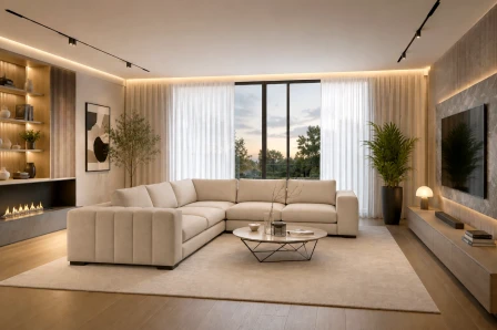 Sofá de canto Novila bege numa sala luminosa com mesa de centro redonda