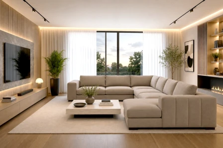 Sofá de canto Novila bege com chaise longue numa sala luminosa e minimalista