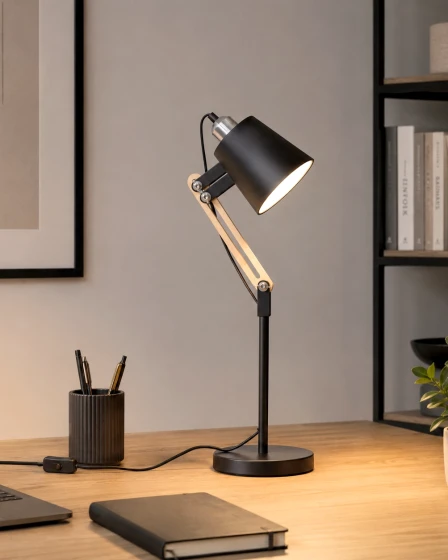 Candeeiro de mesa Danti preto articulado com braço em madeira, luz acesa sobre secretária