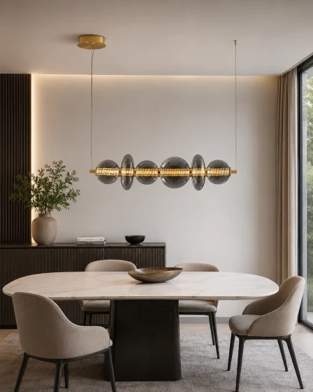 Candeeiro de teto Navi linear em metal e vidro acima de mesa de jantar