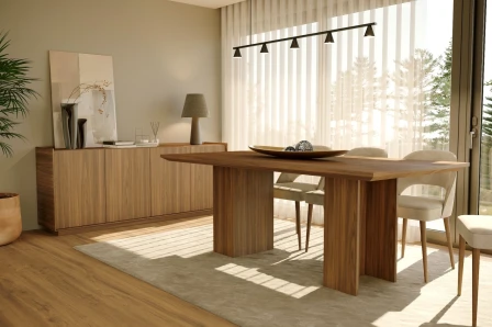 Mesa de jantar puro em madeira clara com cadeiras, aparador e luz natural