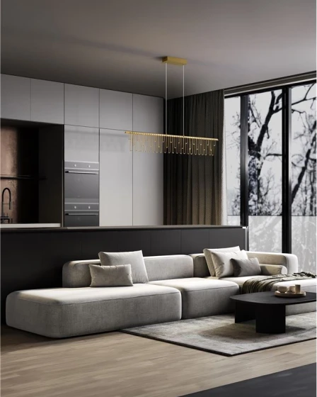 Candeeiro de teto Stellar Line suspenso linear dourado sobre sofá moderno