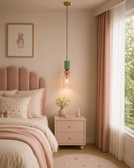 Candeeiro suspensomurano de vidro verde e rosa junto a mesa de cabeceira num quarto rosa