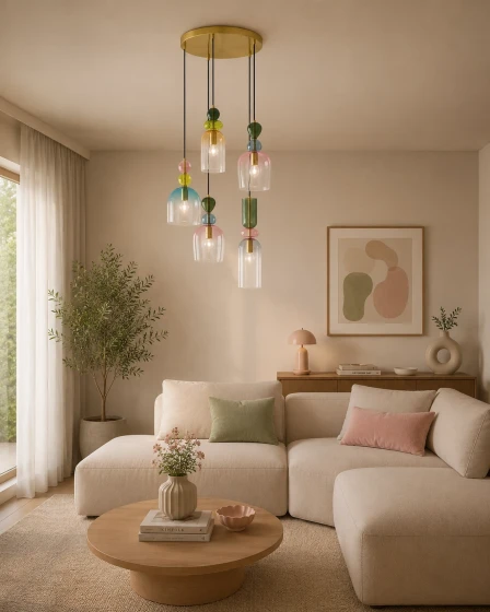 Candeeiro de teto Murano em vidro colorido com cinco pendentes sobre sofá