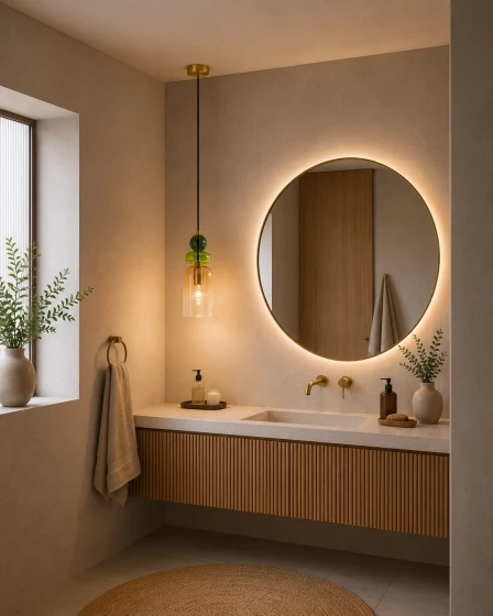 Candeeiro suspenso Murano verde sobre lavatório numa casa de banho minimalista