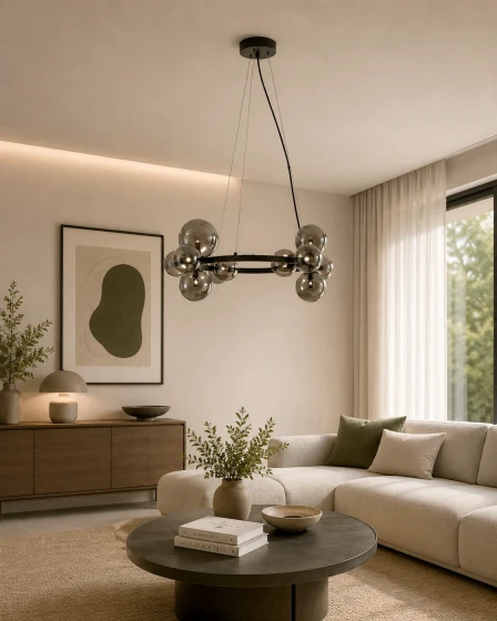Candeeiro de teto Odillia D65 com globos de vidro fumado suspenso sobre sofá