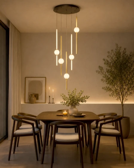Candeeiro de teto Acrobat D52 dourado, varões pendentes e globos de vidro sobre mesa de jantar