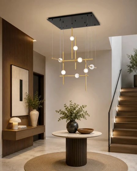 Candeeiro de teto dourado com oito globos de vidro suspensos em placa preta