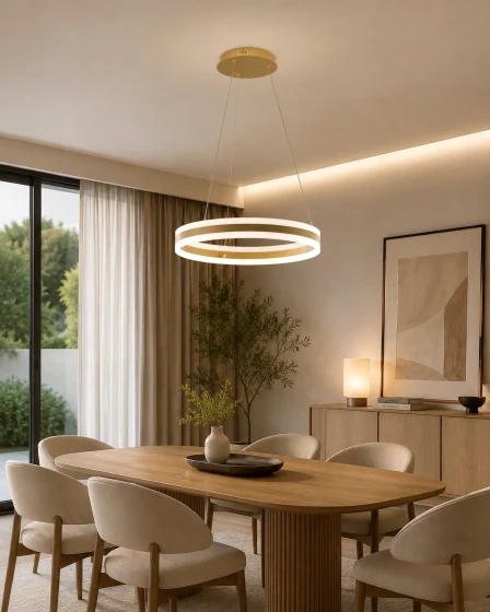 Candeeiro de teto Agos D60 com dois anéis luminosos suspensos sobre mesa de madeira