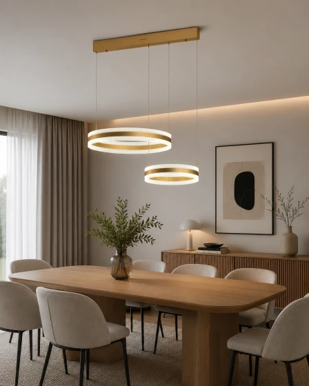 Candeeiro de teto agos round com dois anéis LED suspensos sobre mesa de jantar