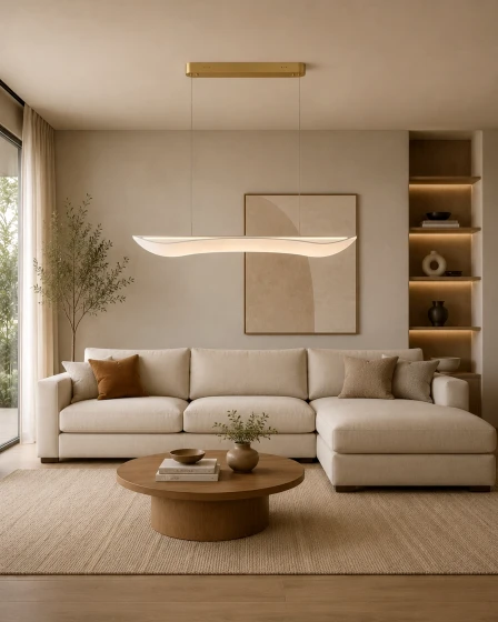 Candeeiro de teto Agos Line branco, suspenso sobre sofá numa sala de estar minimalista