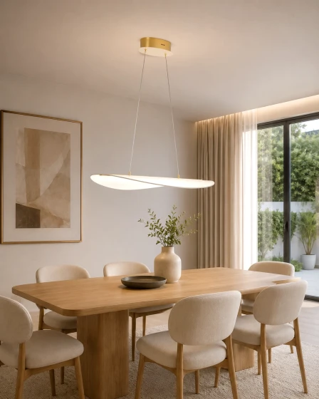 Candeeiro suspenso agos branco oval sobre mesa de jantar de madeira