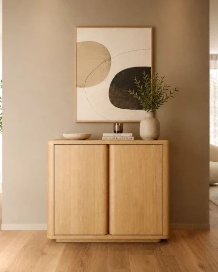 Sapateira Aura em madeira clara com vaso e quadro decorativo num corredor iluminado