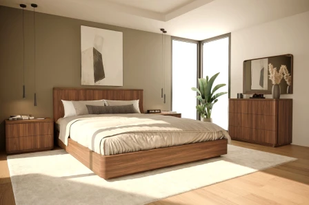 Quanto Casal Aura cama plataforma de madeira com roupa neutra, mesa de cabeceira e planta