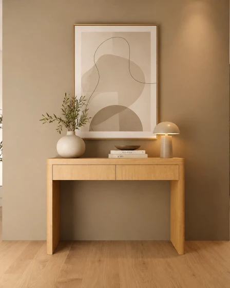 Consola Aura em madeira clara com vaso, livros e candeeiro sob quadro abstrato