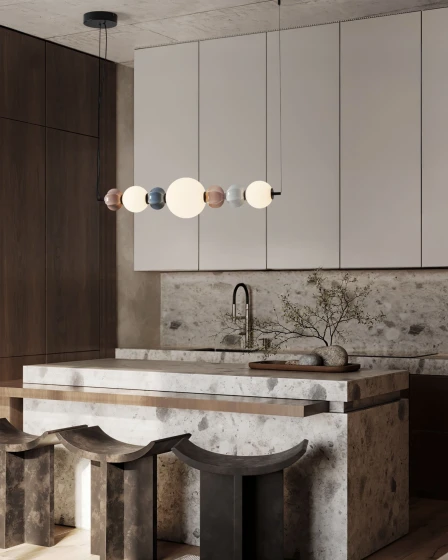Candeeiro de tecto dazz linear com globos opacos e detalhes em madeira, suspenso sobre ilha