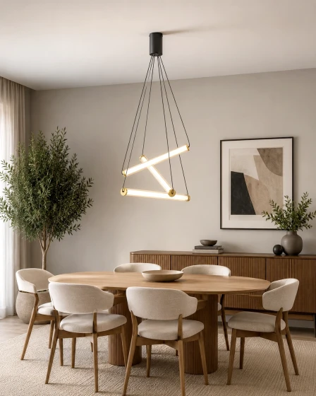 Candeeiro de teto Eliot moderno com formas geométricas em LED sobre mesa de jantar de madeira