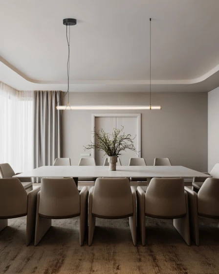 Candeeiro suspenso Eliot linear sobre mesa de jantar minimalista