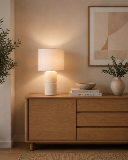 Candeeiro de mesa Lily creme com base cerâmica e abajur iluminado sobre cómoda