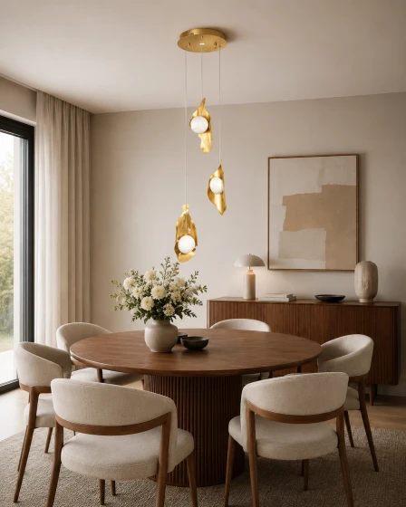Candeeiro de teto Malory 3L dourado com três globos pendentes sobre mesa de jantar redonda