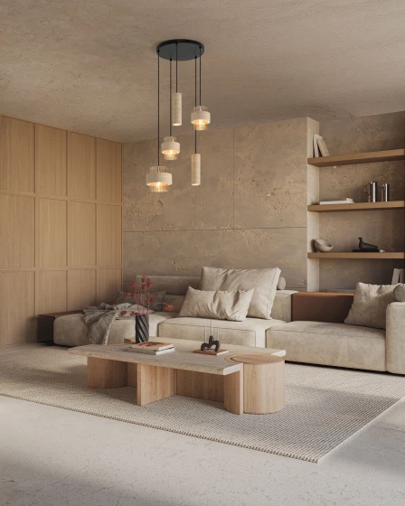 Candeeiro de teto Melony com três pendentes de vidro e um tubo sobre sala minimalista