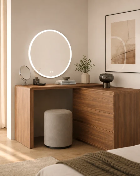Secretária de madeira com cómoda integrada, espelho LED circular e banco estofado