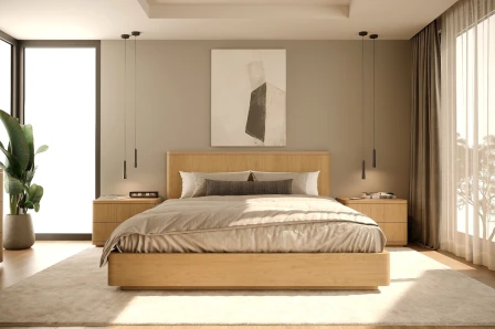 Cama de casal Aura em madeira clara com luzes pendentes