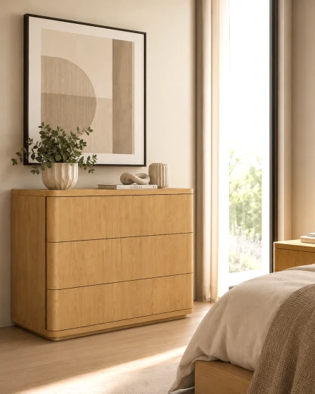 Cómoda Aura em madeira clara de três gavetas com vaso e quadro minimalista