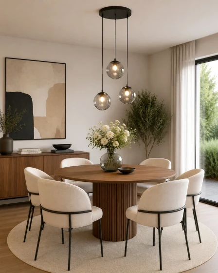 Candeeiro de teto Abbacus com três globos de vidro suspensos sobre mesa
