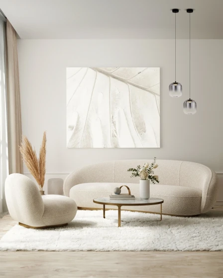 Candeeiro suspenso Aelia Round em vidro e metal, par pendurado numa sala neutra