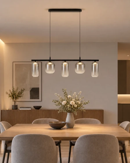 Candeeiro de teto Aelia Line com cinco cúpulas de vidro suspensas sobre mesa de jantar