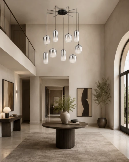 Candeeiro de teto Aelia 9L com nove pendentes de vidro suspensos em sala minimalista