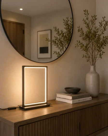 Candeeiro de mesa Alis retangular iluminado sobre aparador com espelho