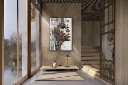 Quadro Areta com rosto em mosaico geométrico cinzento pendurado em parede