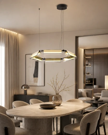 Candeeiro de teto Apnea hexagonal suspenso com luzes LED sobre mesa de jantar